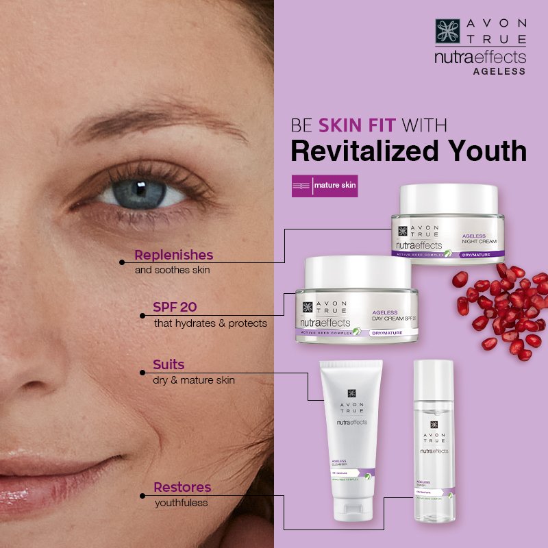AvonIndia's tweet photo. Why let signs of aging worry you? #BeSkinFit with a regimen that defies age. Get youthful and glowing skin with Pomegranate Extract, Omega 3 Acid and Essential Vitamins. Buy the Ageless regimen set now - https://t.co/QT8onJTMq8 #AvonIndia #AvonTrue #NutraEffects https://t.co/zThLlv97if