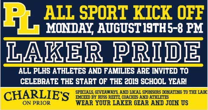 PLLakers's tweet photo. Join us at Charlie's on Prior on Aug 19th from 5-8PM for the 2019-20 All Sports Kick off! Food specials, give-a-ways, athlete interviews, PL trivia fun and more.  10% back to LABC!  Arrive by boat if possible!! https://t.co/dQpNTaiJpb
