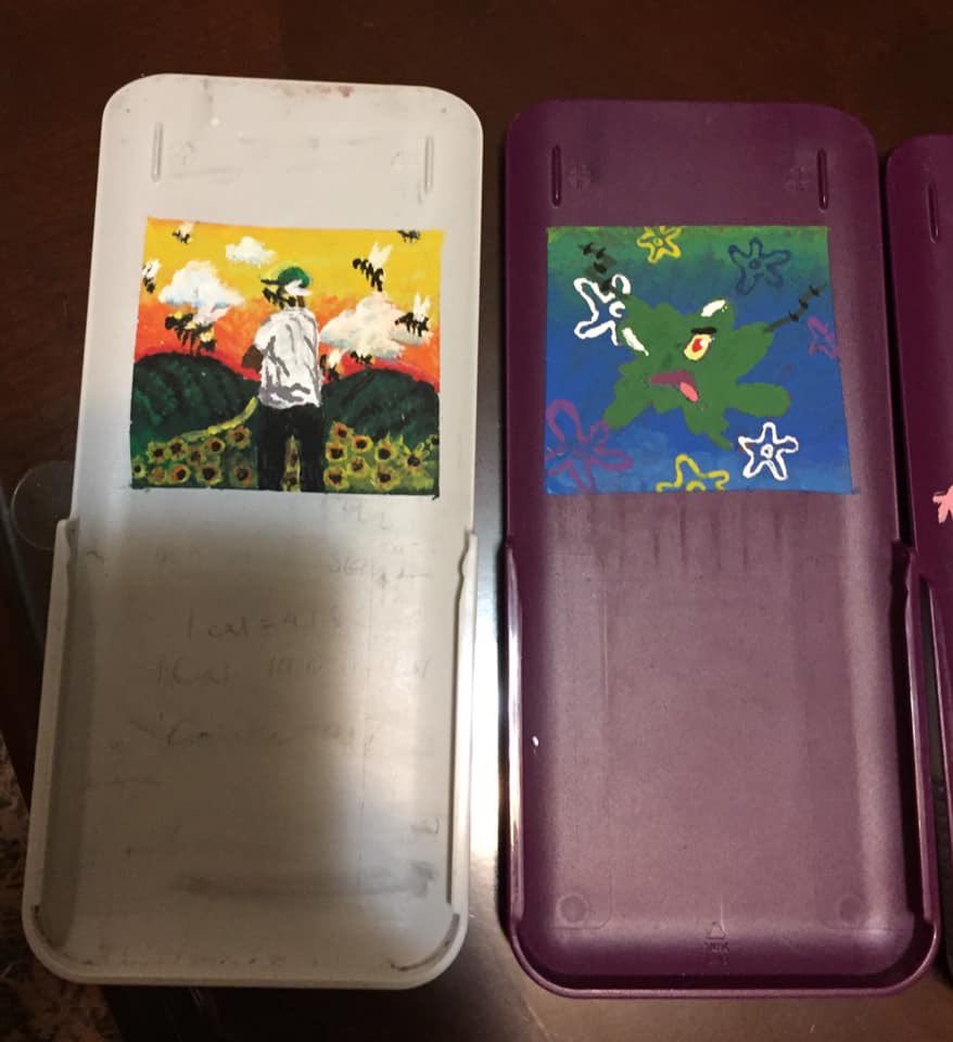 maryshnell's tweet photo. Sooo my little brother has been painting memes on people’s calculators at school... LMAO somebody get him that dough tho https://t.co/y25gkkzHNj