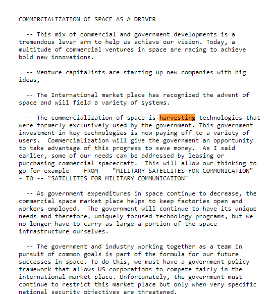 What if NROC = CORN?National Reconnaissance Operations Center?Space is critical to our NAT SEC.NRO:  https://fas.org/irp/nro/harris1995.htmlThe commercialization of space is harvesting technologies that were formerly exclusively used by the government.Hat tip:  @MAGA_Hibbinz  @POTUS