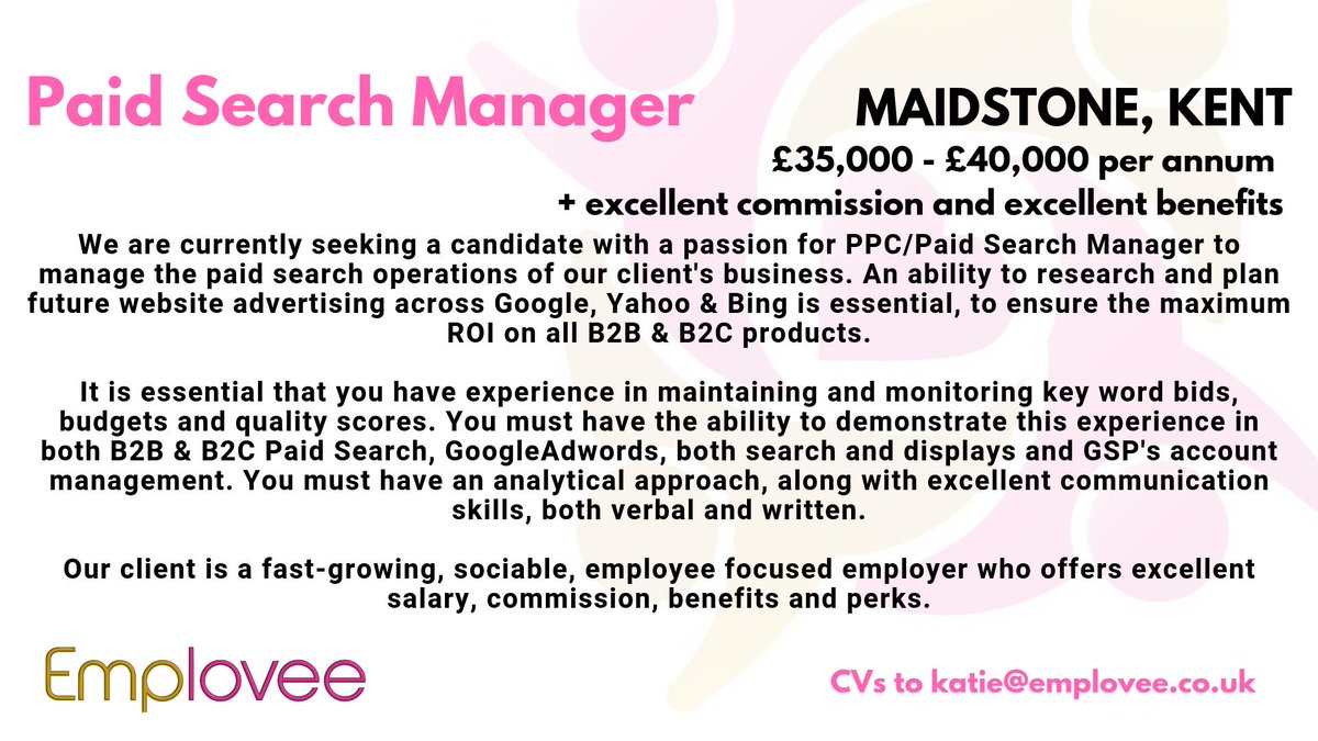 Emplovee's tweet photo. Paid Search Manager
Maidstone - £40,000 + excellent commission, bonus and benefits
#ppc #digitaljobs #digitalmarketingjobs #affiliatemarketing . #maidstone #kentjobs https://t.co/G2pa0P5DwQ