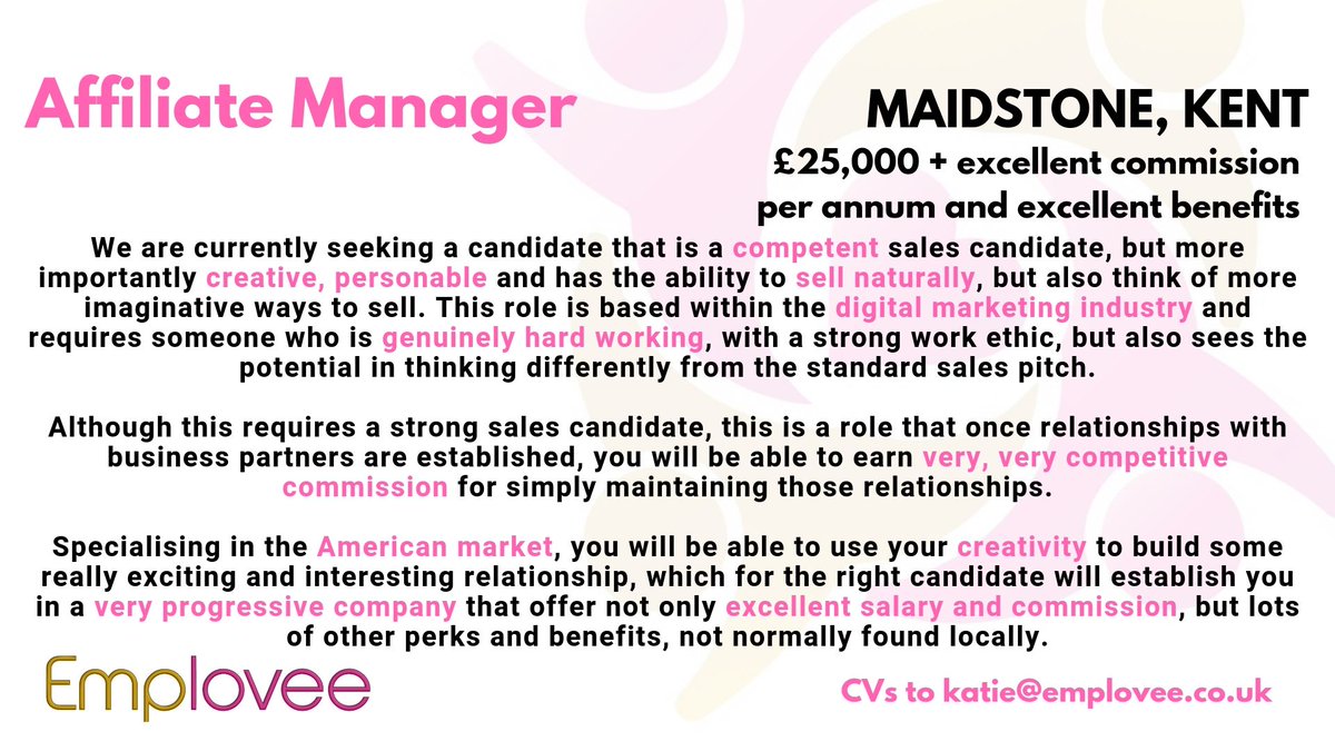 Emplovee's tweet photo. Affiliate Manager - Maidstone, Kent £25,000 + excellent commission and benefits. #affiliatemarketing #digitaljobs #digitalmarketingjobs #kentjobs #maidstonejobs https://t.co/WQLbZyYoHl