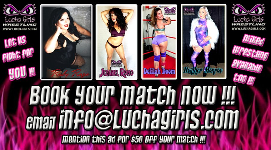 JezabelRomo's tweet photo. Check out @LuchaGirls #GirlsOfAugust talent available to wrestle for you! Email your scripts to Info@LuchaGirls.com
@ClubCarmenXXX - Avail Aug 22 only
@JezabelRomo (me!! lol)
@delilah_doom
@Razerpops
@Heatherisme
#FemaleWrestling #MixedWrestling #fantasywrestling #BookAMatch https://t.co/GTaORZDmC0