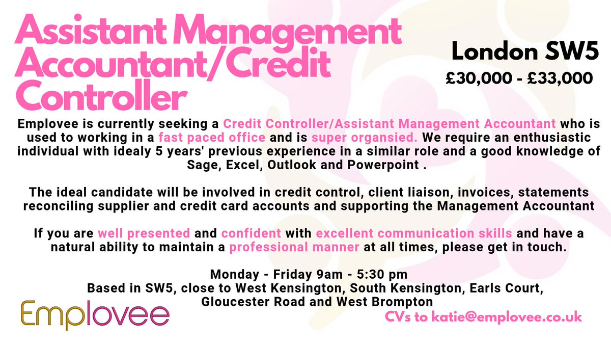 Emplovee's tweet photo. Credit Controller - £30K - £33K 
Based in London, SW5 #creditcontroller #london #londonjobs #creditcontrol #managementaccountant https://t.co/HbWSigtltL