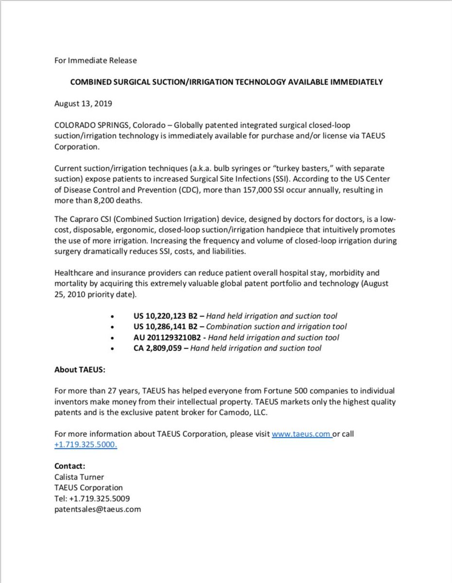 TAEUS_IP's tweet photo. #patents #business #ideasworthspreading #ip #innovation #intellectualproperty #patentportfolio #patentbrokering #global #medicaldevice #technology #surgery #surgeons #revolutionary #pressrelease #TAEUS https://t.co/0IbaEnx2em