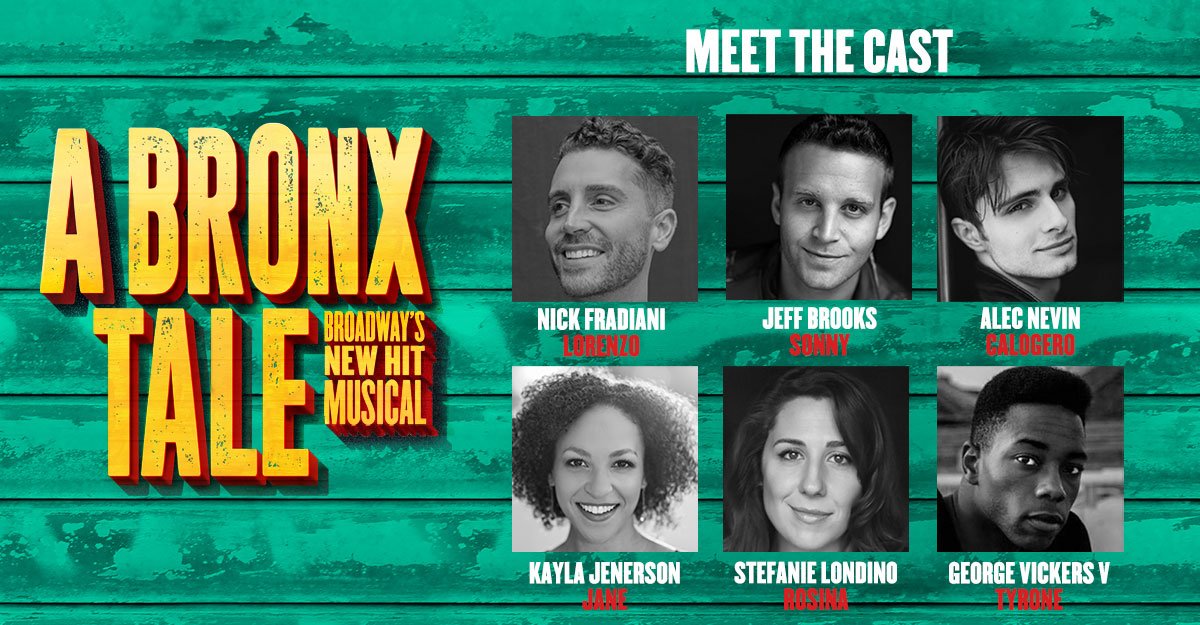 bxtmusical's tweet photo. Meet the cast of #ABronxTaleMusical 2019–2020 national tour! @AmericanIdol Winner @nickfradiani, Jeff Brooks, @alecnevin, @kaymariejen920, @stefanielondino and George Vickers V! Find out more info: https://t.co/xpMCfT8Wxg https://t.co/XM0CcrcmRk