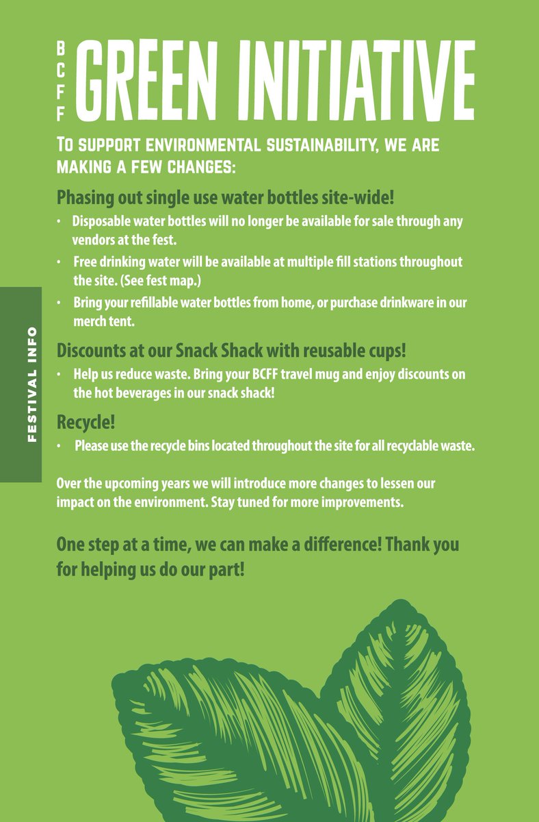 BearCreekFolk's tweet photo. PLEASE NOTE: There will be no disposable water bottles for sale onsite this year. Please bring a refillable bottle! #gogreen #bcff2019 https://t.co/48gE7sJkot
