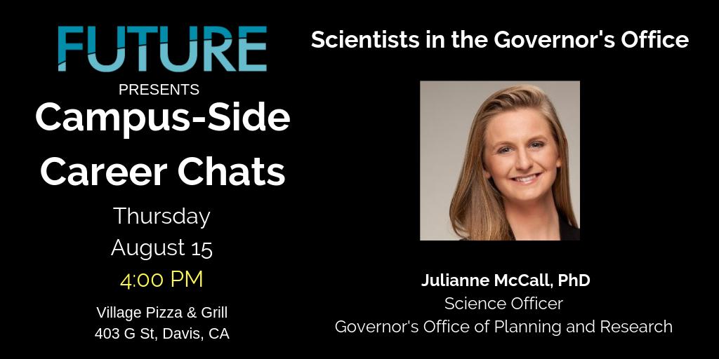 UC Davis FUTURE - Career Skills & Exploration (@ucdavisfuture) on Twitter photo This Thursday! <a href="/UCDavisGrad/">UC Davis Graduate Studies</a> and <a href="/UCDavisPostdocs/">UC Davis Postdoctoral Scholars Association (PSA)</a> are welcome to chat with former <a href="/CCSTorg/">CCST</a> Fellow and current Science Officer in the Governor's Office of Planning and Research @Cal_OPR - (@BookofJulie) Dr. Julianne McCall!
RSVP here: tinyurl.com/Aug2019CSCC This Thursday! <a href="/UCDavisGrad/">UC Davis Graduate Studies</a> and <a href="/UCDavisPostdocs/">UC Davis Postdoctoral Scholars Association (PSA)</a> are welcome to chat with former <a href="/CCSTorg/">CCST</a> Fellow and current Science Officer in the Governor's Office of Planning and Research @Cal_OPR - (@BookofJulie) Dr. Julianne McCall!
RSVP here: tinyurl.com/Aug2019CSCC