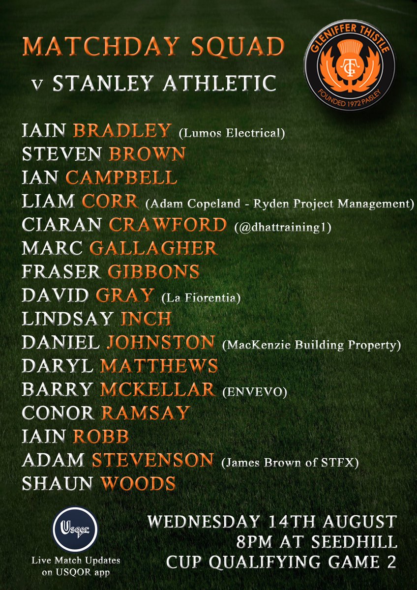 GlenifferT_AFC's tweet photo. ⚽️ FIXTURE TUESDAY ⚽️
Second and final group game ⚽️
⚽️ Opposition: @StanleyAthletic
🏆 Competition: Cup Qualifying Game 2
📅 Date: 14/08/19
⌚️ Kick off: 20:00
🏟 Location: Seedhill Sports Centre
Live updates on the @Usqor app 📲
#FixtureTuesday
@Scottish_AFF
@ScotAmFA https://t.co/lRcANXUI6Y