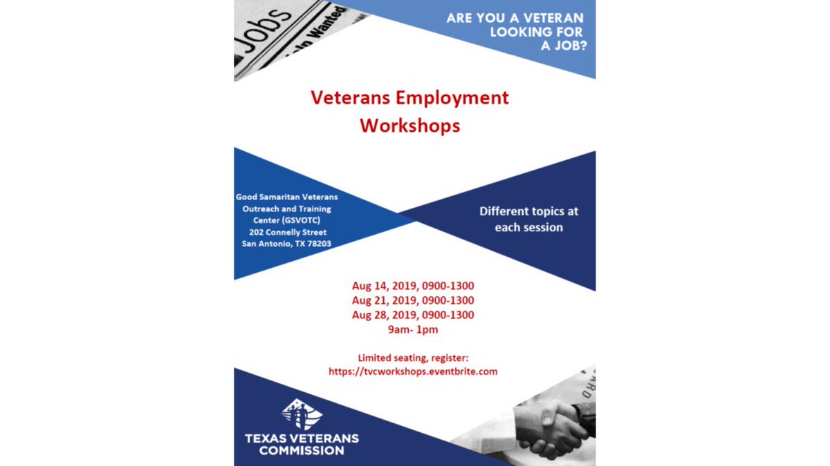 TXVeteransDOC's tweet photo. These workshops are HANDS ON. We have limited space so please reserve your seat TODAY. #tvc1doc

Aug 21, 2019 topics are Resume Review /Critiques, Cover Letters, Elevator Speech, Networking
https://t.co/C9FI6sWCMZ https://t.co/LnhVsAkcAn