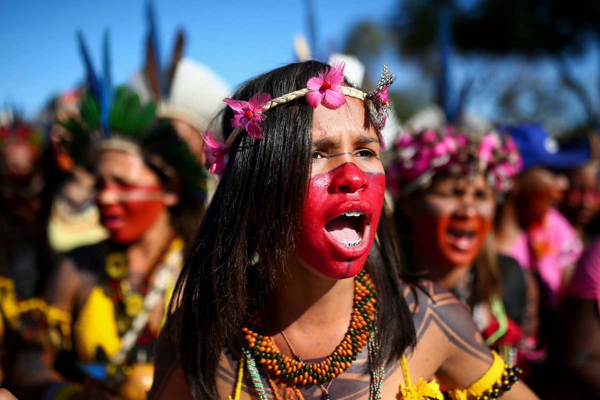 ajplus's tweet image. Indigenous women in Brazil are protesting government rollbacks on Indigenous rights and efforts to open up Indigenous lands to mining and agriculture:

"It's time to cry out for help."