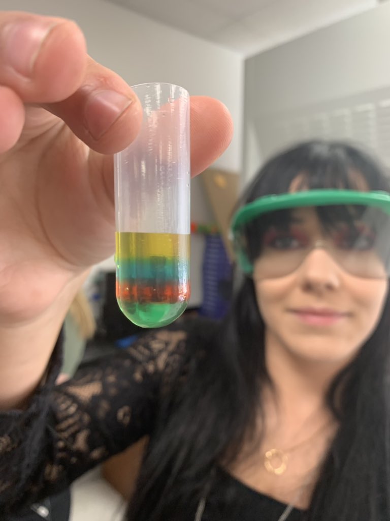 MsKChem's tweet photo. Who rises to the top? A classic @KatyDornbos density challenge to engage Chemistry students on the first day. #kingofthelab #queenofthelab https://t.co/X6kvQkBKse