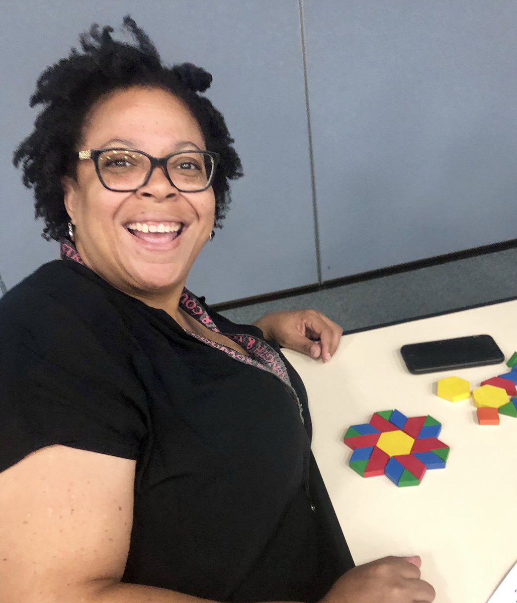 GPCandI's tweet photo. Learning and growing together.  Modeling multiplying and dividing fractions using pattern blocks.  Exploring area and linear models. Building understanding and teacher efficacy.  Thanks @HCDE_Math #GPPD2019 https://t.co/KQgiC9xfLV