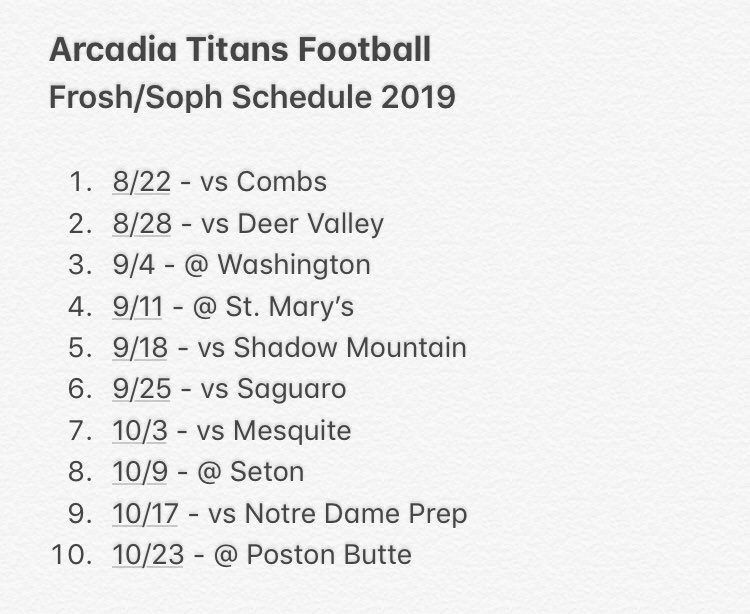 TitanFootballAZ's tweet photo. Hot off the press. This just in 👍
Here is the 10-game Frosh/Soph schedule.
Awesome! Let’s go! 💯👊
#TitanUp #GameTime https://t.co/8tVsODUO4Q