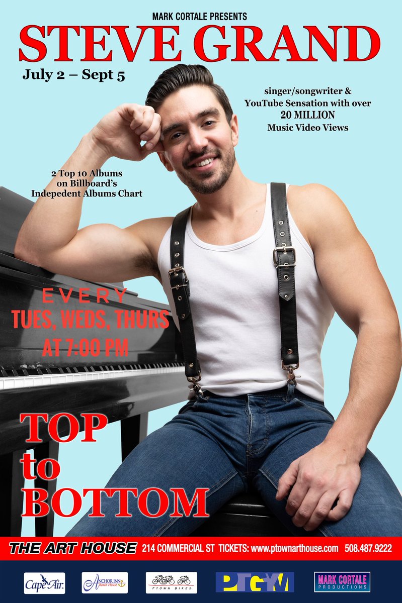 SteveGrandMusic's tweet photo. Performing TONIGHT, tomorrow, &amp; Thurs at 7 pm in #ptown at the @ptownarthouse, &amp; every Tues - Thurs now through Sept 5!
 
Get your tickets at the door or at https://t.co/lzXfNOIu3S !! 😍👍 I’ll be doing some of my best know originals like “All American Boy” “Pink Champagne”.. https://t.co/tCRXyVxqvw