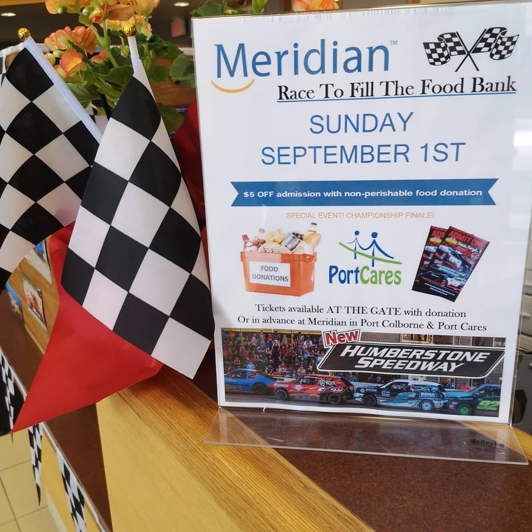 haynes_karrie's tweet photo. MERIDIAN RACE TO FILL THE FOOD BANK! 
Sunday Sept. 1st at Humberstone Speedway! 
$5 off Special Event Price When You Bring A Non-Perishable Food Item. 
All Donations to Benefit the Port Cares Reach Out Centre. 
#stockcarracing #dirttrackracing #foodbank #reachout #PORTicipate https://t.co/GzxD9f1oYO