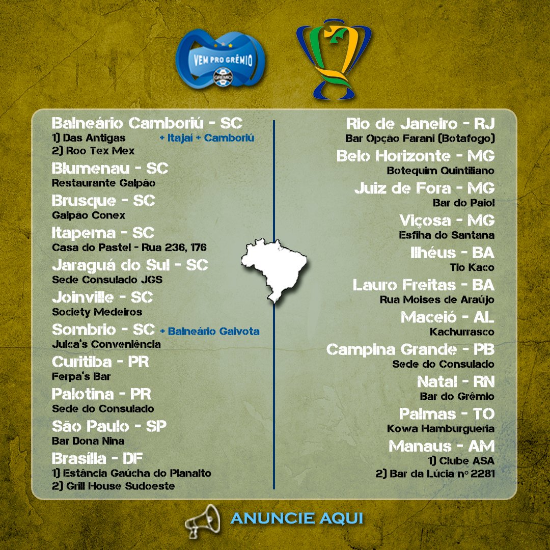 vemprogremioofi's tweet photo. Para os que não poderão ir, estão longe, segue aí nosso card com as indicações.
#PuroSentimento #grêmio #PelaSexta🏆 https://t.co/KUNlUksMqq