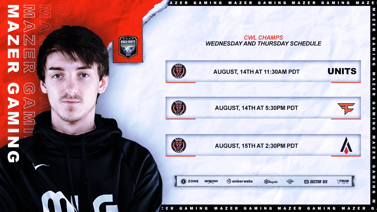 MazerHQ's tweet photo. #CWLChamps starts tomorrow. 

Here is our schedule for Pool Play with matches against Units, FaZe, and Animosity! 

#MazerCoD https://t.co/9gOqKWC2Y4
