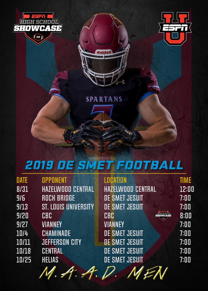 SteepDiesel's tweet photo. I am honored to announce the #MAADMen of De Smet have been selected to play in ESPN's nationally televised GEICO ESPN High School Football Showcase (8pm 9/20 ESPN2)! This is a great opportunity for our football program, our community, &amp; the city of STL! #MAADMen @DeSmetJesuitHS https://t.co/tc8Nbj3oWj