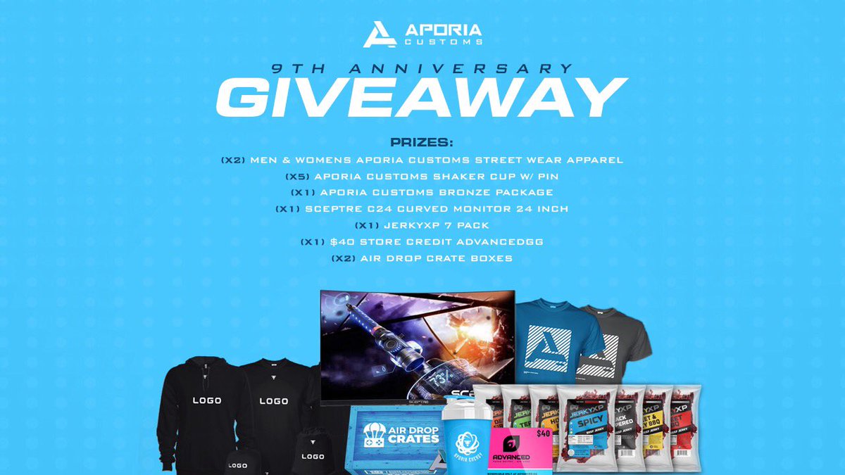 To celebrate our 9th anniversary, we’ve put together a HUGE giveaway for all of #TeamAporia! Enter below to join in on the celebration! 🎂🎉

🔁 RT + Like
💞 Tag Your Friends
✅ Follow <a href="/AporiaCustoms/">Aporia Customs™ 🎮👕</a>, <a href="/JerkyXP/">JerkyXP®</a>, @advanced_gg, &amp; <a href="/airdropcrates/">AirDropCratesNick</a>
🖱️ Enter here: bit.ly/2YWHaMI