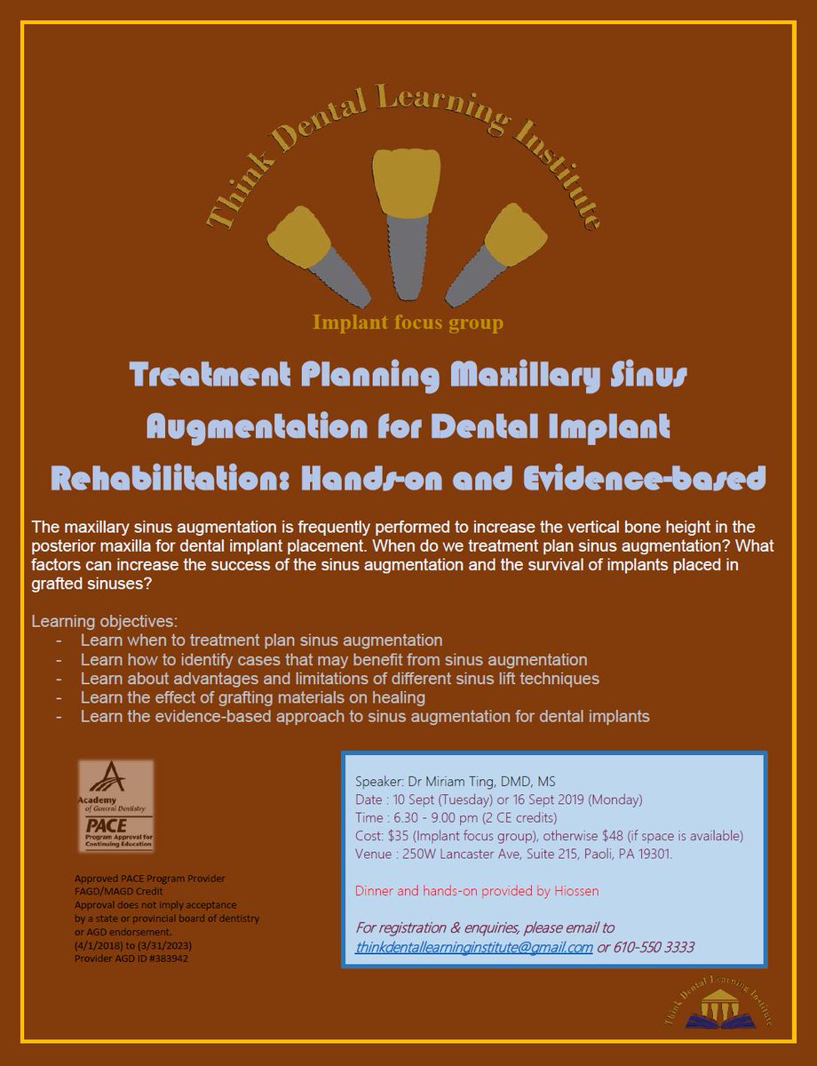MiriamTingDMD's tweet photo. Learn when to treatment plan sinus augmentations: Another fun-filled event with lots of evidence-based information and real time tinkering. Models, biomaterials and equipment available for a hands-on experience!😉 Space can be limited, contact us early for Sept 16th or Sept 10th https://t.co/U78pvgab1A