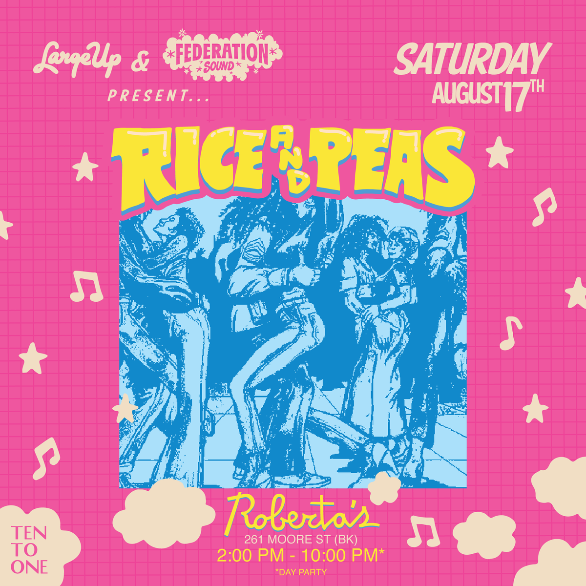 This Saturday! It's the <a href="/ricenpeasparty/">RICE and PEAS Party</a> from 2-10pm <a href="/RobertasPizza/">Roberta's Pizza</a> in Brooklyn.