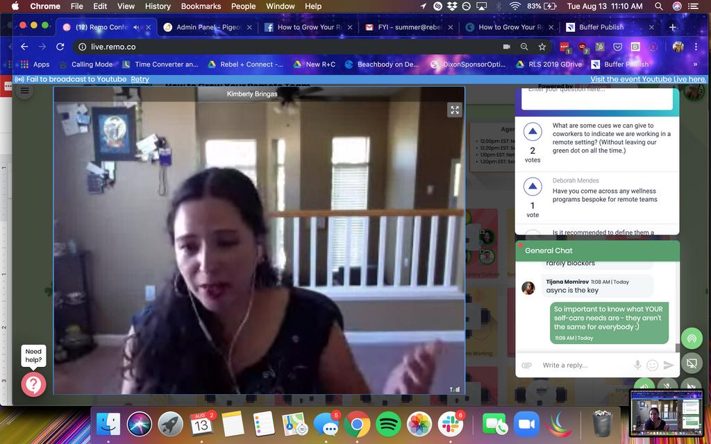 RemoteLdrSummit's tweet photo. Great session on self-care Senior #HR manager, Kimberly Bringas of @olark - great ?s from attendees too! See you soon for session 2, How to Create a High Communicative + Culture Rich #RemoteTeam w/ @chrisdyer7 - @peopleG2, @virtualinsider, and @use_remo! https://t.co/fSGo1wKseV https://t.co/lxOZ2OLJtF