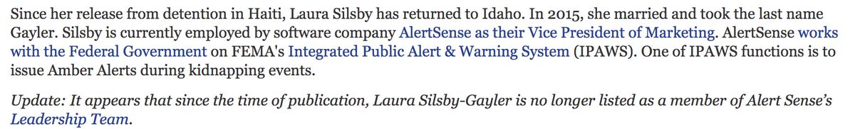 So where is Laura Silsby now? Certainly she's been brought to justice right?At the very least, she must not be allowed near children right??Naw lol, Laura "Gayler" got hired at a company that works with Amber Alert. You know, the service that deals with missing children...