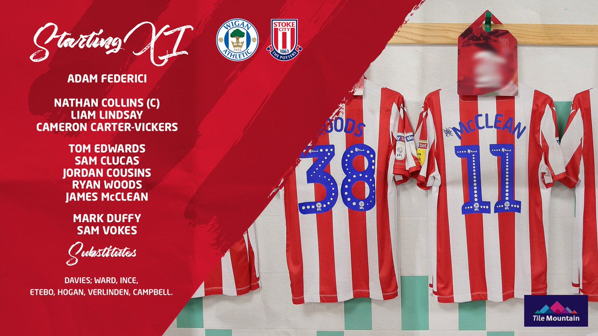 📝 Here is your Potters XI for tonight's game against <a href="/LaticsOfficial/">Wigan Athletic</a>.

Nathan Collins captains this evening's side.

#SCFC 🔴⚪️