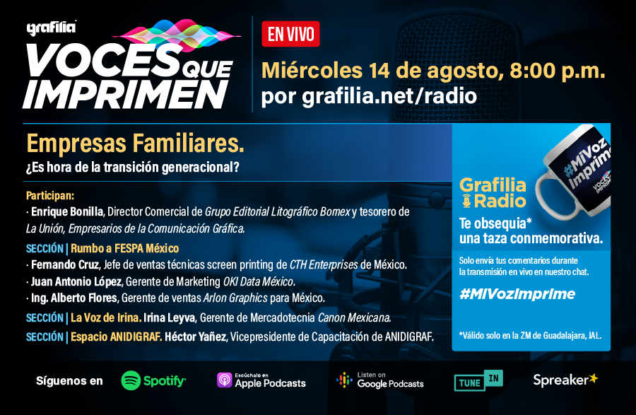 revistagrafilia's tweet photo. 📣#VocesQueImprimen 14 de agosto, 20:00 hrs.
Empresas Familiares. ¿Es hora de la transición generacional?
@LaUnionUILMAC
SECCIÓN | Rumbo a @FESPAMexico
#CTHEnterprises #OKIData #ArlonGraphics
SECCIÓN | La Voz de Irina. @CanonMexicana
SECCIÓN | #EspacioANIDIGRAF @ANIDIGRAF https://t.co/kBaCKITXCI