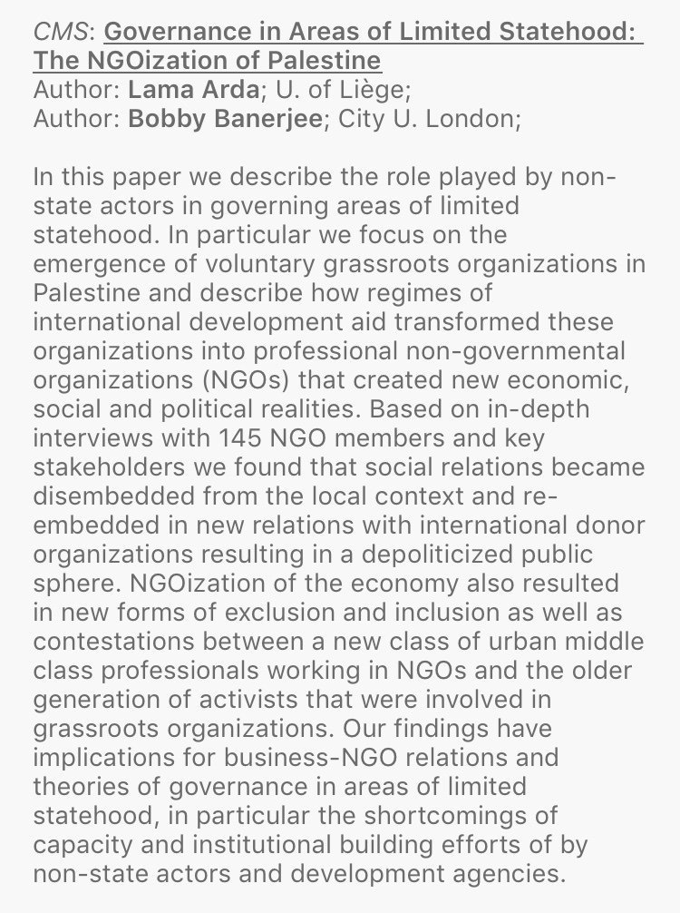 cms_aom's tweet photo. #AOM2019 Our last #papersessions chaired by @amonbarros featuring Bobby Banerjee @CityUniLondon presenting a co-authored paper "Governance in Areas of Limited Statehood: The NGOization of Palestine" #NGO https://t.co/u8M4X0XaBj