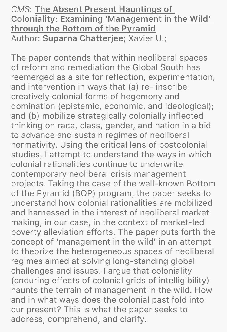 cms_aom's tweet photo. #AOM2019 We continue our last #papersession chaired by @amonbarros with Suparna Chatterjee presenting a paper on the absent present haunting of #coloniality https://t.co/R4otBJbnjq