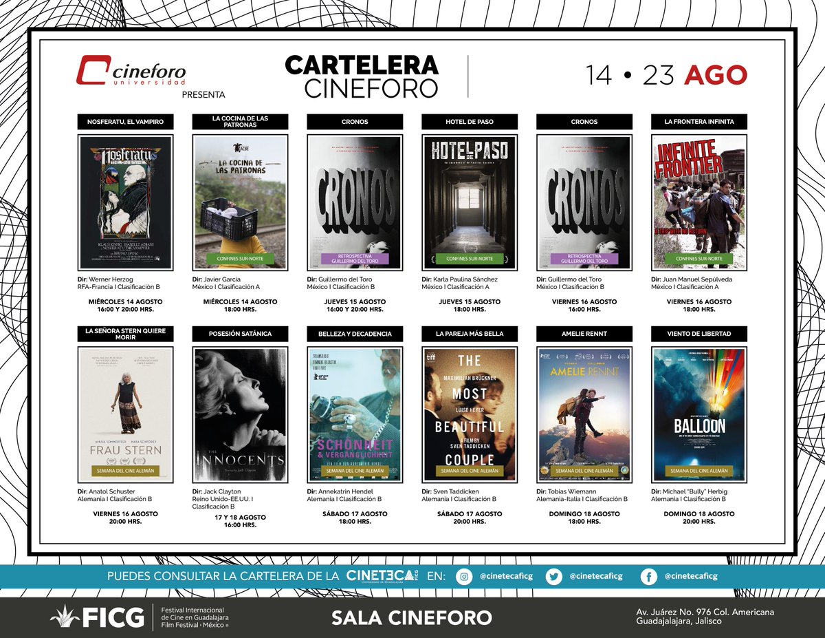 SplashDeIdeas's tweet photo. Te compartimos la cartelera de esta semana (14 al 23 de Agosto) de la @CinetecaFicg
Consulta más información en sus redes sociales.
#SplashDeIdeas https://t.co/LAr3mocHCu