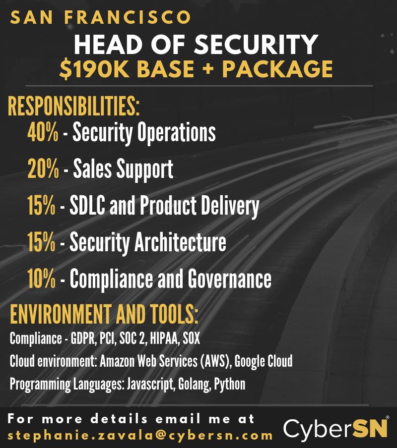 Zavala_CyberSN's tweet image. #Infosec community - I am searching for a Head of Security for a big data company in SF. This is a greenfield opportunity and a good next step in someone's career. 
Total package is competitive! 
Retweet pls.