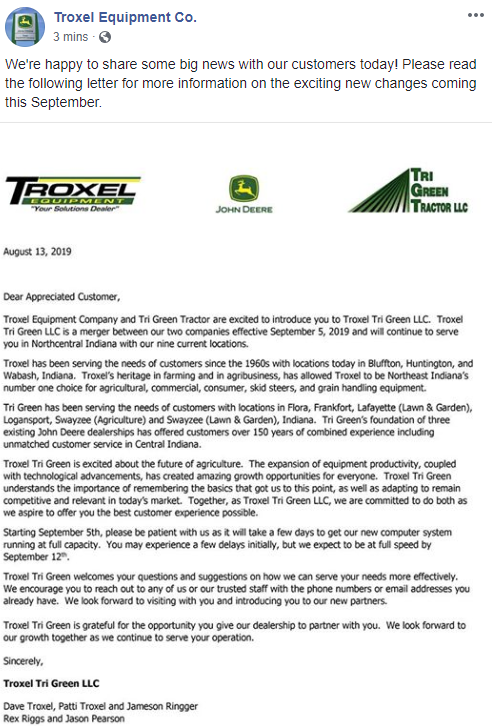 AaronBobeck's tweet photo. Troxel Equipment and Tri Green Tractor dealerships (Indiana) are merging #JohnDeere https://t.co/h47lIsxrsy