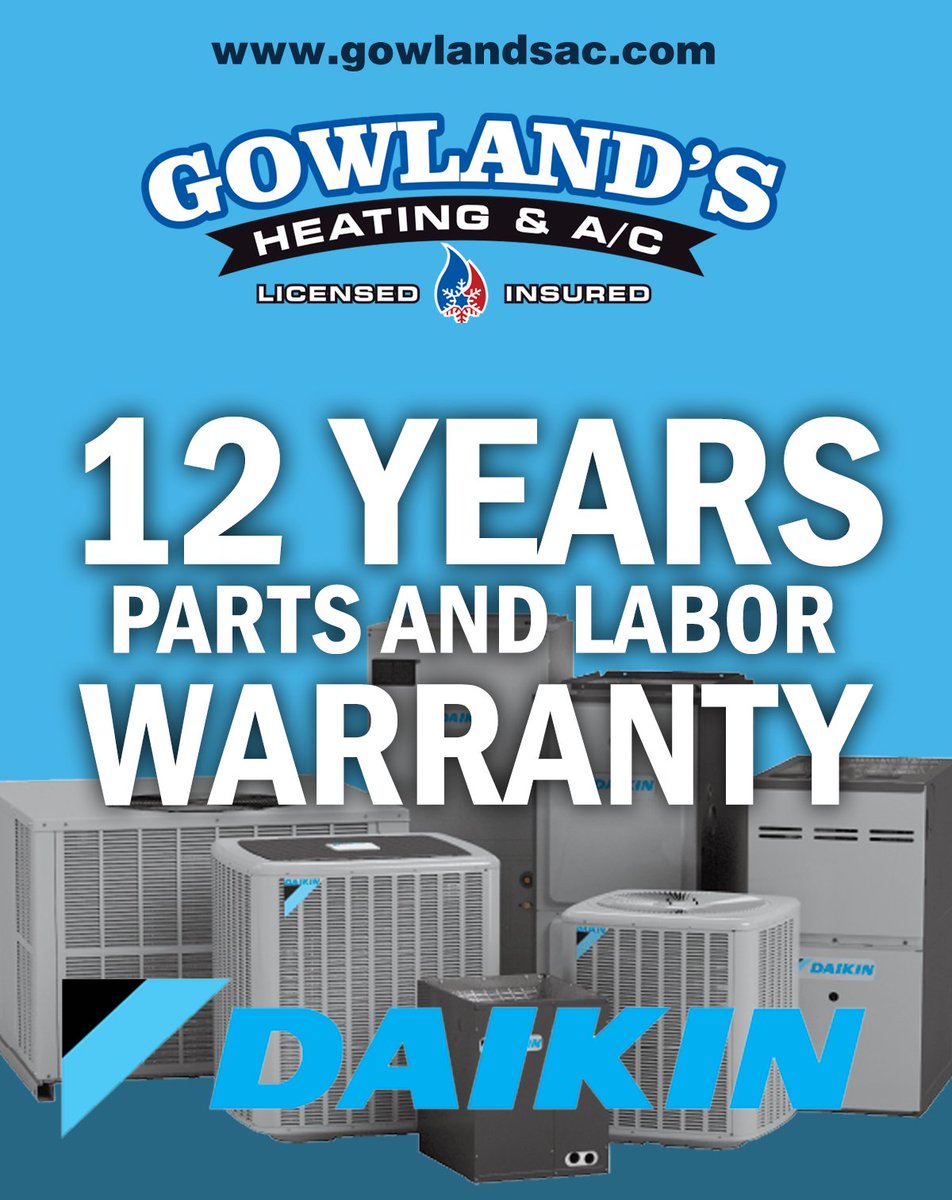 Gowlandsac's tweet photo. One of the best warranties in the business!!
MADE IN THE USA and you get a DAIKIN 12 years parts and labor warranty!
We are dedicated to the pursuit of comfort and exceeding our customers expectations - call today for a FREE estimate!
https://t.co/Uflx8BjyGv
#gowlandsac #daikin https://t.co/tRJYBAM3Vk