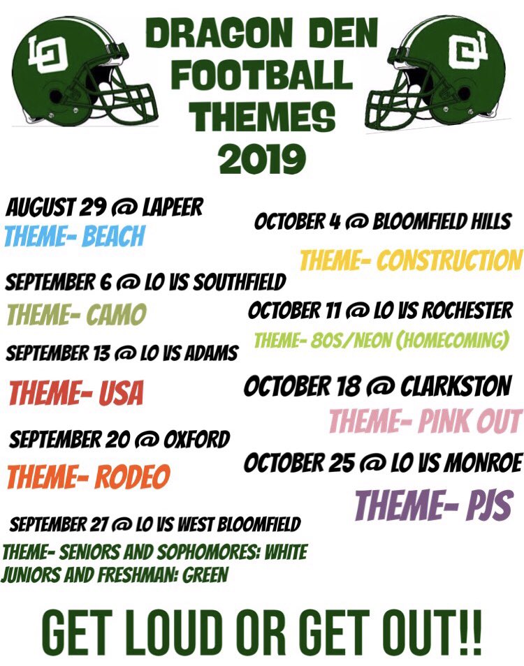 LOHS_dragonden's tweet photo. WHO’S READY FOR SOME FOOTBALL!?😤 IT’S THAT TIME⏰HERE ARE YOUR 2019 DRAGON FOOTBALL THEMES🐲 💪🏼#gamedaybaby https://t.co/TwHcpcgnSk