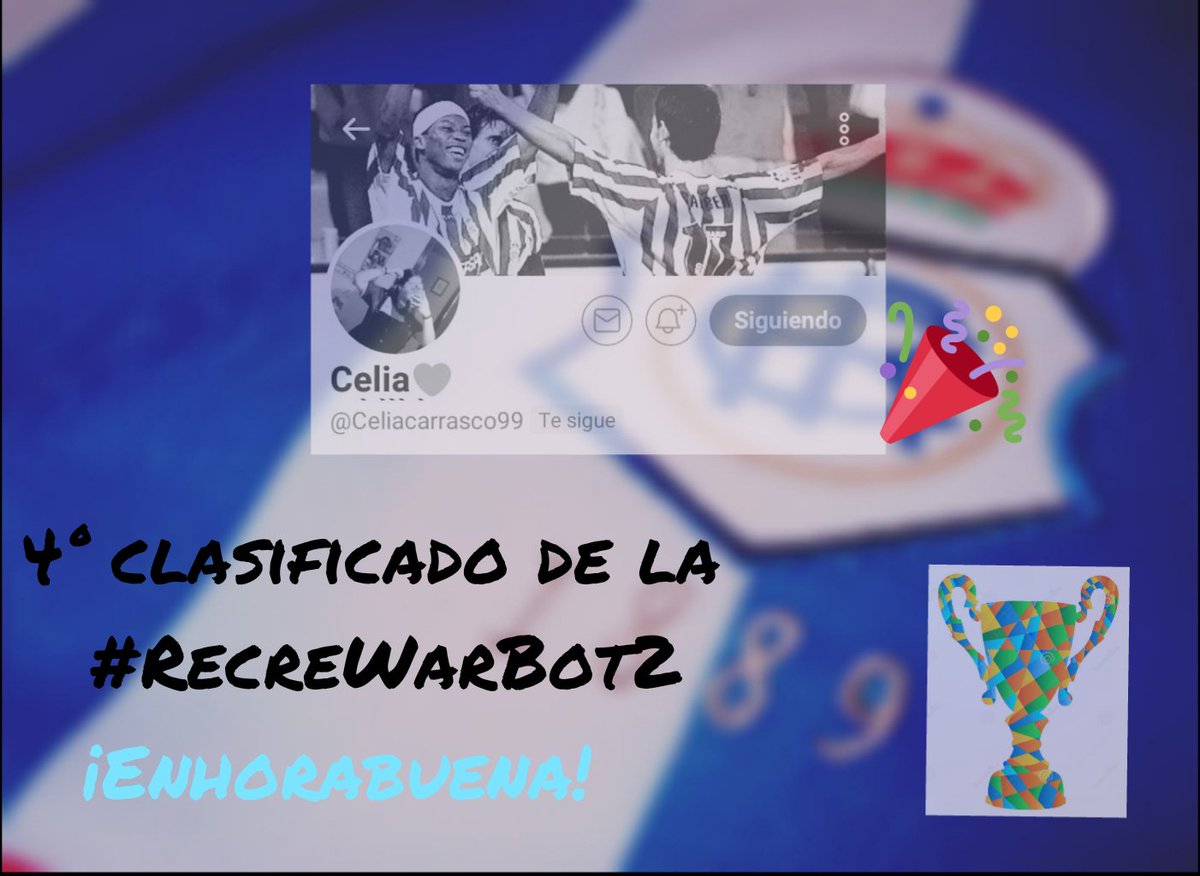 BotRecre's tweet photo. @Celiacarrasco99 4° clasificado de la #RecreWarBot2 ¡Enhorabuena! https://t.co/o5P3ZJOPwk