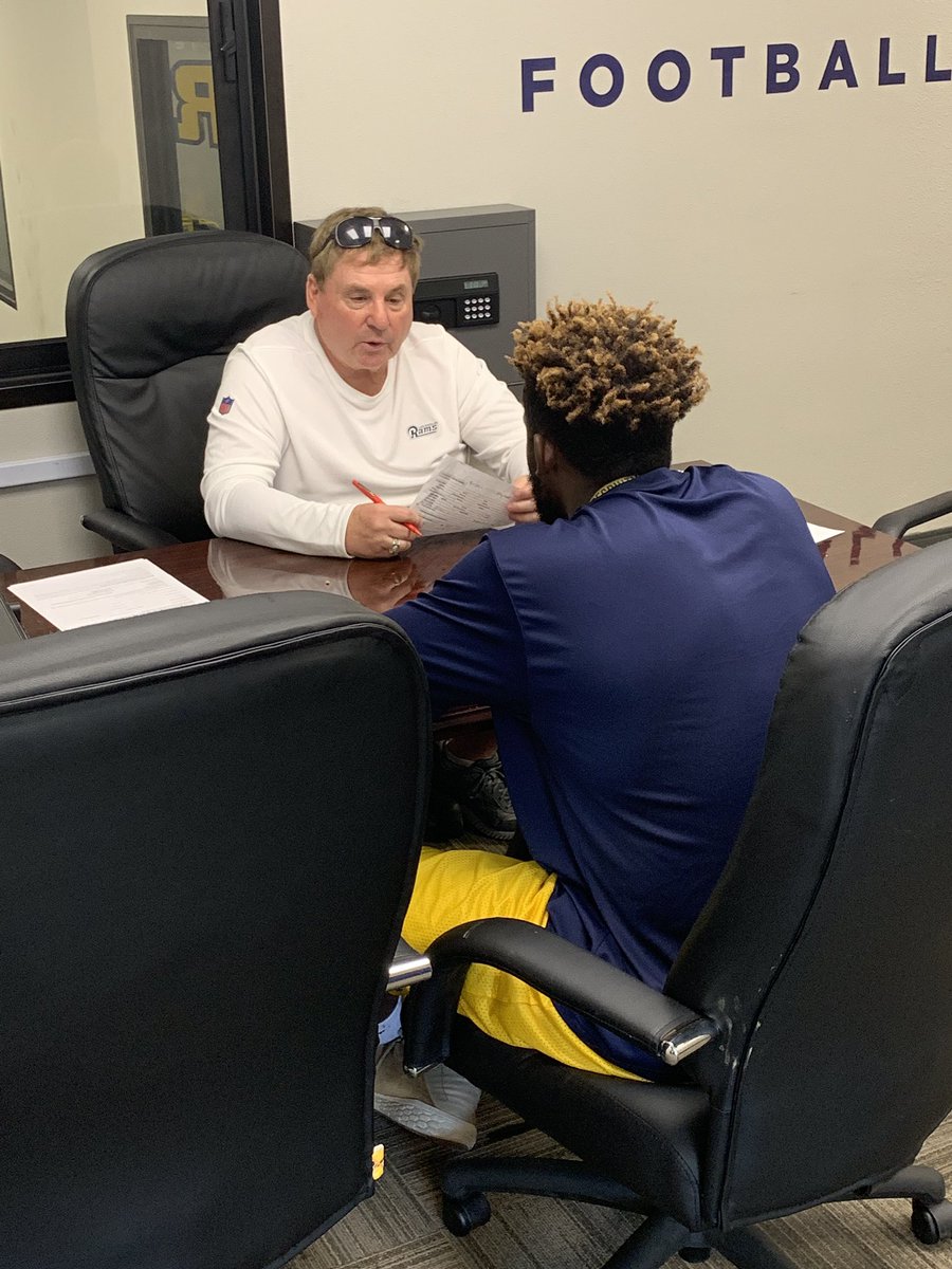 TxWesFootball's tweet photo. Another #NFL scout stopping by to check out our Rams. Ironically today it was the Rams. If you can play they will find you!!! Thank you for stopping by!!! #RamsUp #RamRaid19 https://t.co/pWfVPJ4UI1