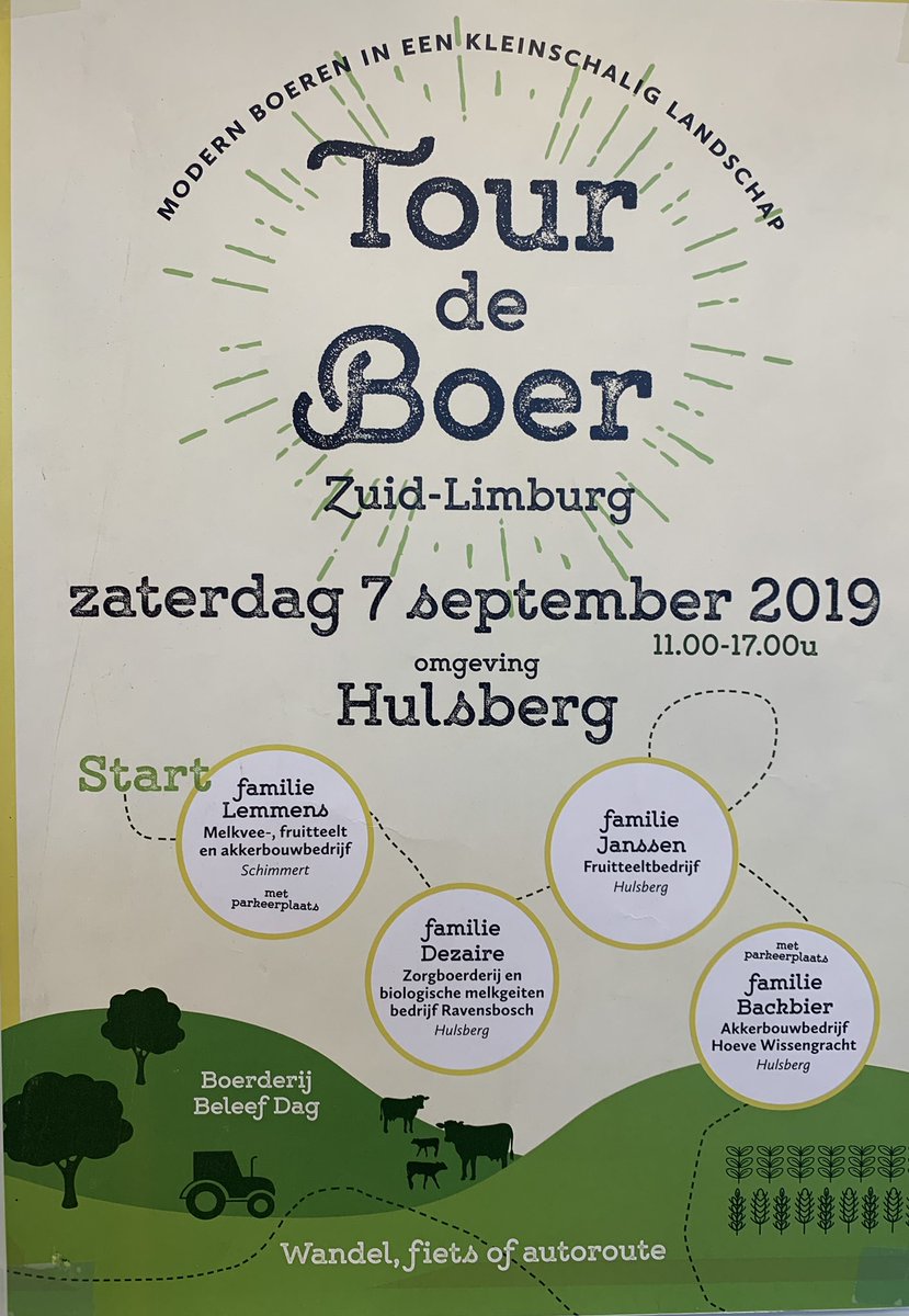 bas_boots's tweet photo. Tour de Boer op 7 september a.s. In Zuid-Limburg. Op deze dag kun je tijdens Tour de Boer een kijkje komen nemen bij 4 Zuid-Limburgse familiebedrijven in de buurt van Hulsberg. Zij laten zien hoe hun bedrijf reilt en zeilt. Modern boeren in een kleinschalig landschap. #LLTB https://t.co/0EO02vfbIp