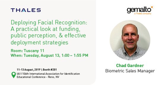 Gemalto_NA's tweet photo. Join Chad Gardner for a discussion on real world facial recognition deployment, and be sure to stop by Gemalto booth 201 for more info and demonstrations - 104th IAI International Educational Conference, Room: Tuscany 11 @ 1:00PM https://t.co/7NRK5CvYhF