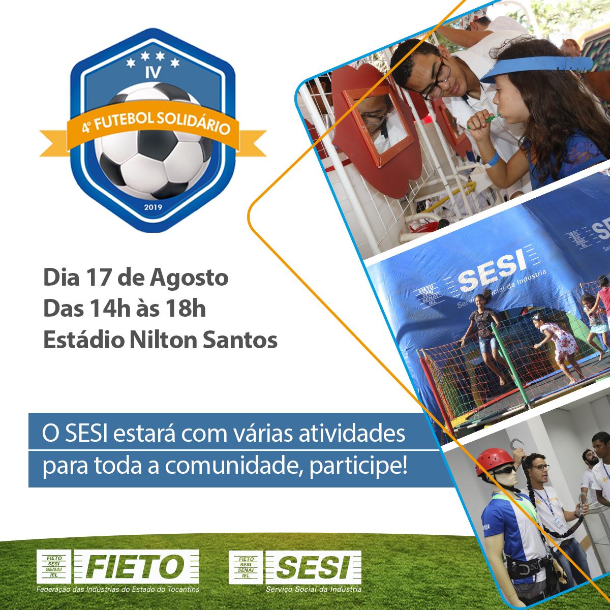 sistemafieto's tweet photo. #SouSESI 🗣 Esperamos você na 4ª edição do Futebol Solidário com ações gratuitas na áreas de educação, saúde, segurança e lazer, a partir de 14h, no Estádio Nilton Santos. #VemProSESI https://t.co/6biTSsuKfW