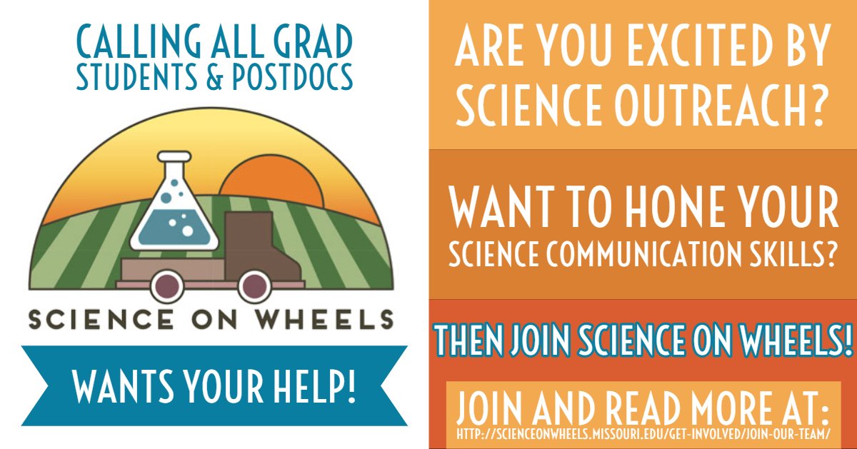 SoWmissouri's tweet photo. Science on Wheels is looking for grad student and postdocs to become speakers for the 2019-2020 season! Learn more and sign up at: https://t.co/jOl71Aclye #MizzouScience #MizzouGradStudents #Science #ScienceOutreach #ScienceCommunication #Mizzou https://t.co/FH4JRz3jf4