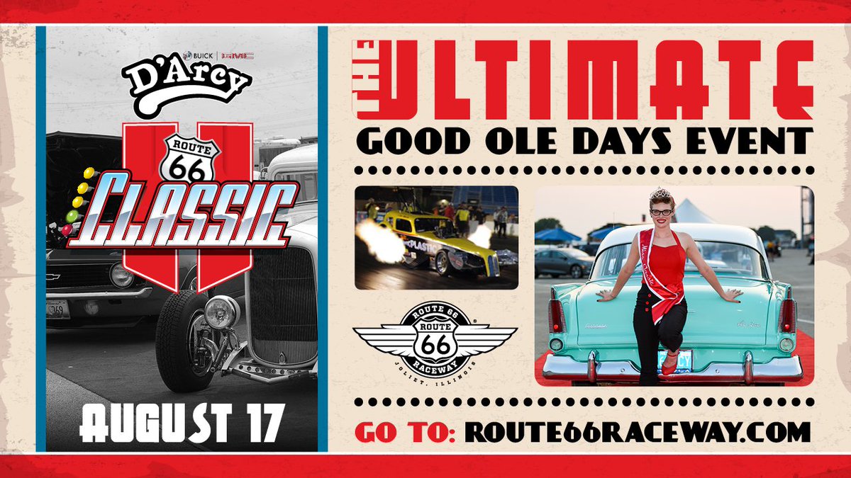 Route66Raceway's tweet photo. The Ultimate Good Ole Days Event returns to Route 66 Raceway THIS Saturday! 

Live entertainment, a car show, drag racing and more will be waiting for you at the @darcymotors Route 66 Classic!

Tickets: https://t.co/sfuPVzJwLR https://t.co/gWUDvfyVqZ