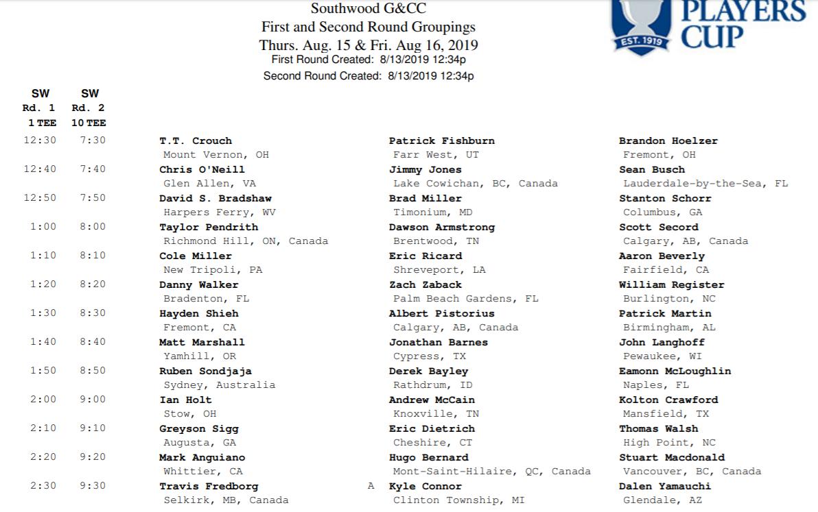 ManitobaOpen's tweet photo. Here is the official starting times for the first two rounds of the 100th Anniversary edition of the #PlayersCup @southwood1894.
*** @KyleConnor18, @Travis_Fredborg and @DaYama25 are off at 2:30 on Thursday, 1st tee.***
-Free Admission
-Free Parking

See you Thursday! https://t.co/DPGnvzCWwu