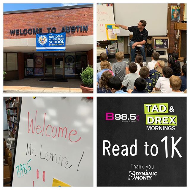 B985FM's tweet photo. Thanks to the students and faculty of Austin Elementary for helping me kick off the #readto1k in a big way! ❤️ - Tad @TadOnAir 📖✏️🖍 Learn more: https://t.co/aNlAeE7NKD
#backtoschool #reading #B985 #TadandDrexMornings https://t.co/9mCV8YNEKm