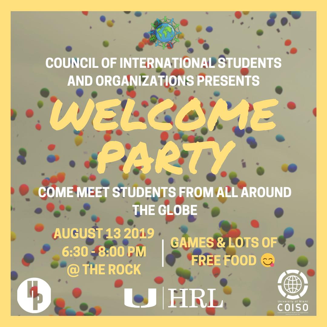 UMiamiISSS's tweet photo. Welcome to campus, international 'Canes! Don't miss COISO's Welcome Party! It's tonight (8/13) from 6:30-8:00 at the Rock Plaza. There will be music, games, free food, and plenty of opportunities to make new friends! https://t.co/irXwVzSFa2