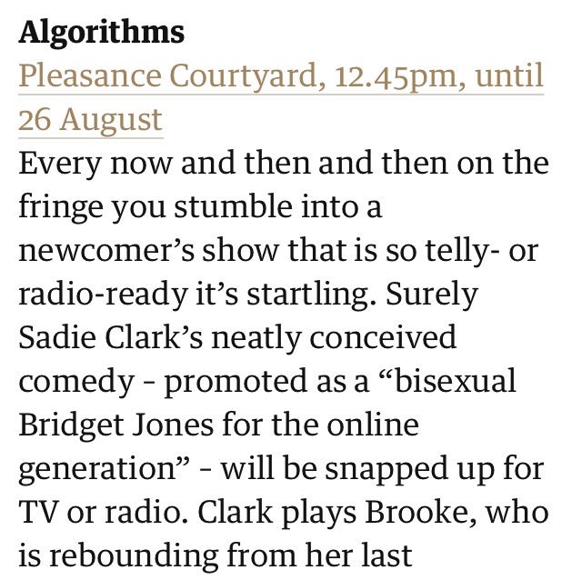 AlgorithmsPlay's tweet photo. Over the MOON that #ALGORITHMSplay is on this list of @guardian recommended #EdFringe shows 🥳 and it’s such a lovely write up! We’ve been selling out the last week so recommend pre-booking. Read our mention below & full list of recommendations here: https://t.co/BEVfJo54UX https://t.co/yejWFTkqgf