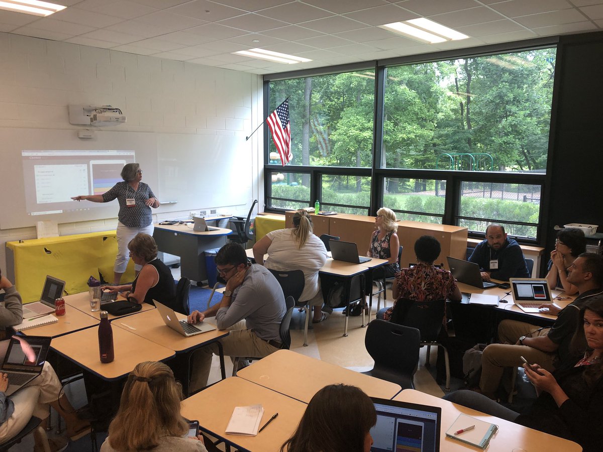 raytshay's tweet photo. @PrincetonAcadSH faculty member and #EdTech guru Kathleen Mayer presenting on @quizizz to a full classroom at the #NJAIS #Innovation Institute @MayorMayerPASH @NJAISnews https://t.co/8Hp9EbLmmw