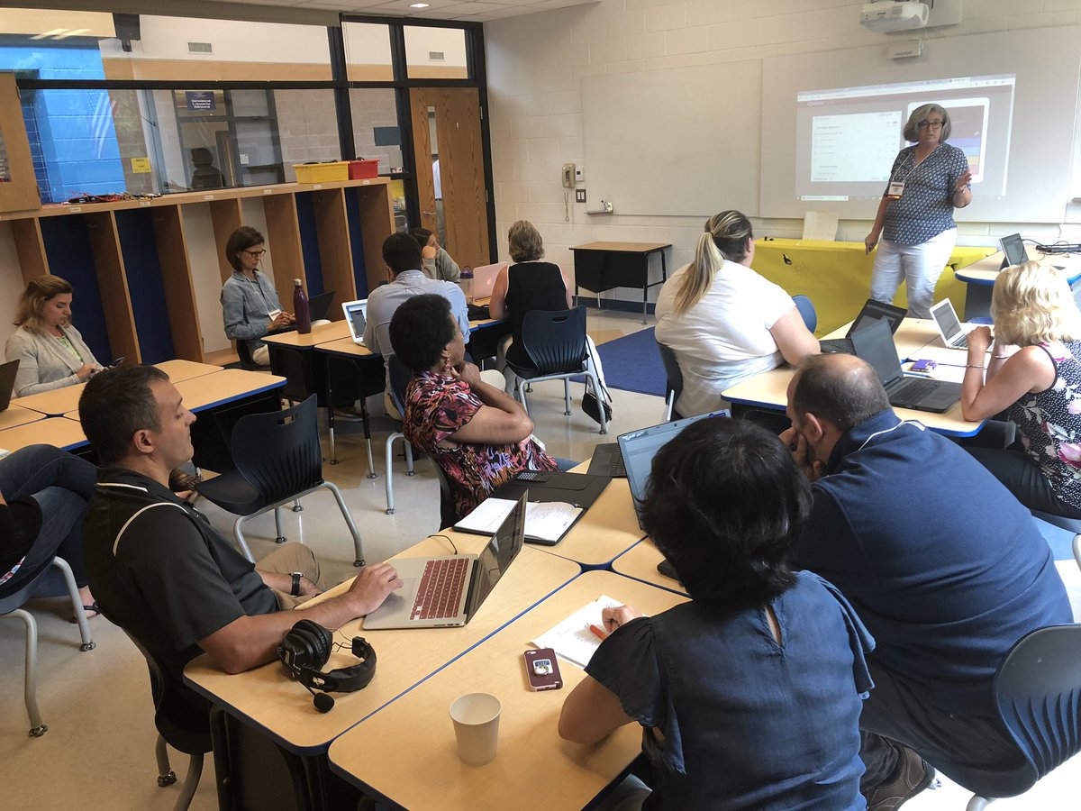 raytshay's tweet photo. @PrincetonAcadSH faculty member and #EdTech guru Kathleen Mayer presenting on @quizizz to a full classroom at the #NJAIS #Innovation Institute @MayorMayerPASH @NJAISnews https://t.co/8Hp9EbLmmw